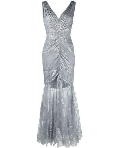 Marchesa Leaf-embroidered Ruched Gown - Grey