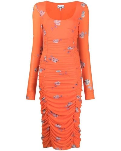 Ganni Floral-print Ruched Midi Dress - Orange