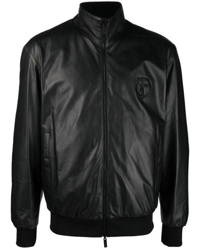 Giorgio Armani Embossed-logo Leather Jacket - Black