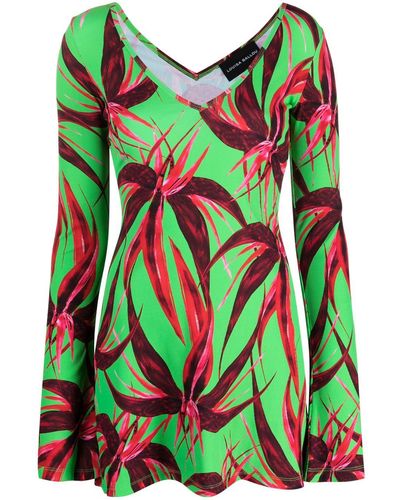Louisa Ballou Floral-print Ribbed-knit Minidress - Green
