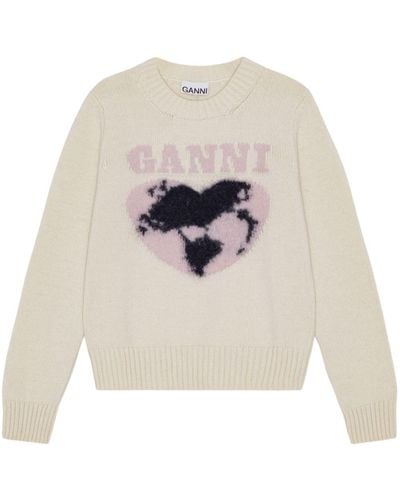 Ganni Pullover mit Herz-Intarsie - Weiß