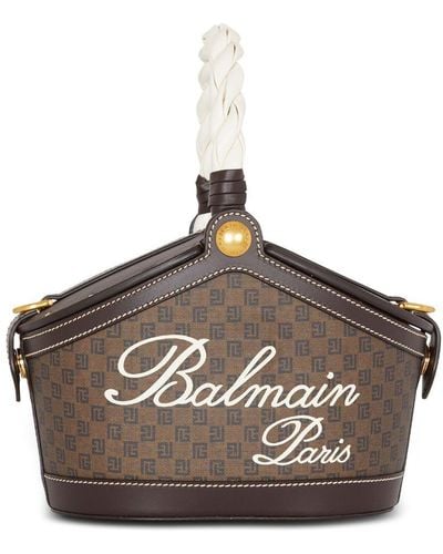 Balmain Borsa a secchiello mini con monogramma - Marrone