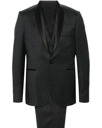 Tagliatore Single-Breasted Wool Blend Suit With Satin Lapels - Black