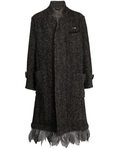 4SDESIGNS Feather-trim Bouclé Single-breasted Coat - Black