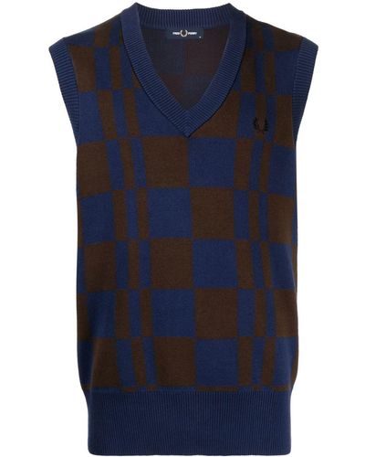 Fred Perry Checkerboard V-neck Knitted Vest - Blue