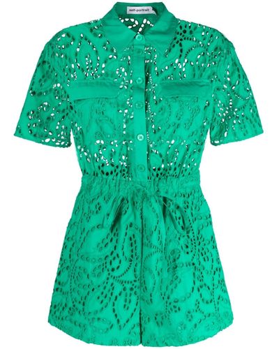 Self-Portrait Broderie Anglaise Cotton Playsuit - Green