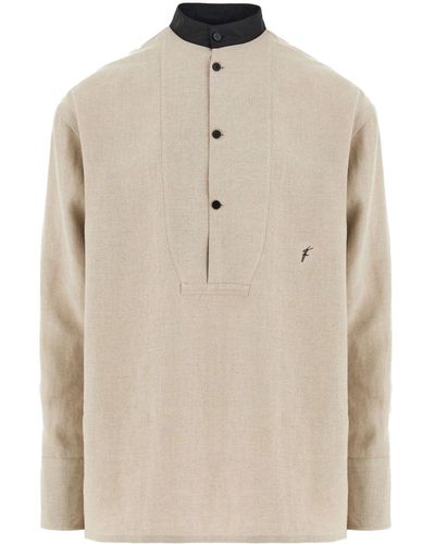 Ferragamo Collarless Logo-embroidery Linen Shirt - Natural