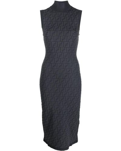Fendi Ff-intarsia Knit Ribbed-knit Midi Dress - Blue