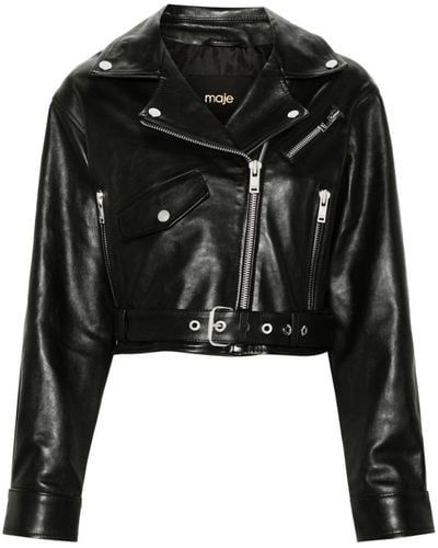 Maje Belted Cropped Leather Jacket - Black