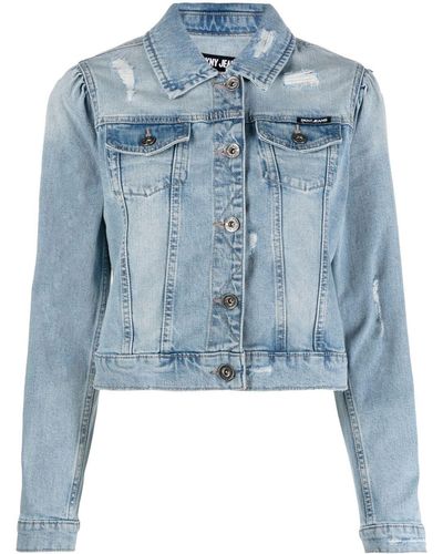 DKNY Ripped-detailing Cropped Denim Jacket - Blue