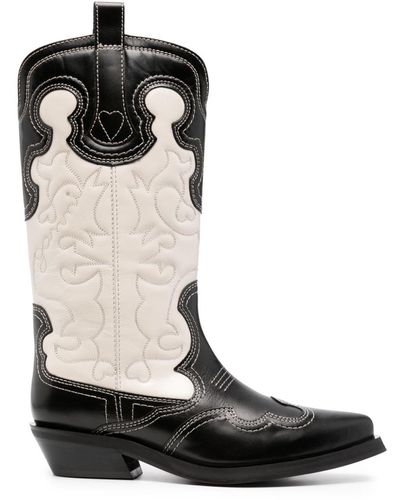 Ganni Embroidered Leather Western Boots - Black