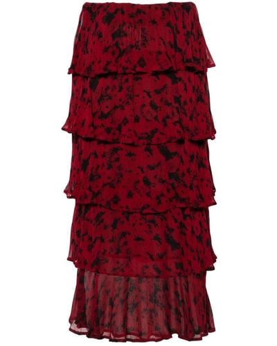 Ganni Abstract Ruffled Midi Skirt - Red
