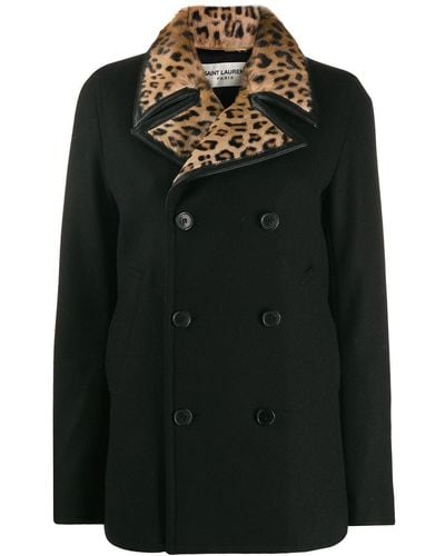 Saint Laurent Leopard Print Collar Double-breasted Coat - Black