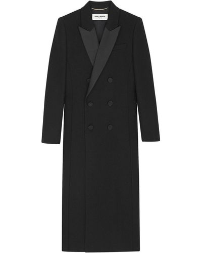 Saint Laurent Double-breasted Wool Long Coat - Black