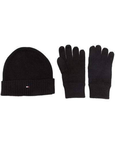 Tommy Hilfiger Embroidered-logo Beanie And Gloves Set - Black