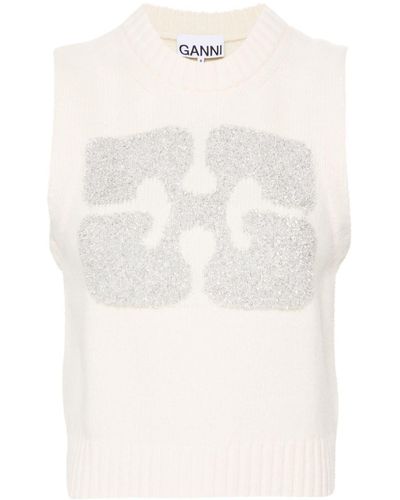 Ganni Glittery-logo Sleeveless Vest - White