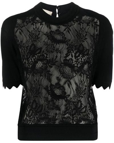 Elie Saab Lace-panel Knitted Top - Black