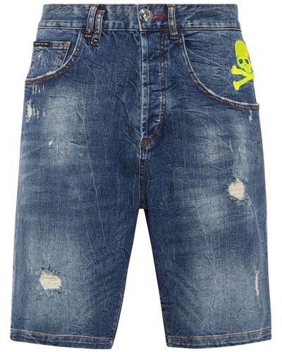 Philipp Plein Jeans-Shorts mit Totenkopf-Stickerei - Blau