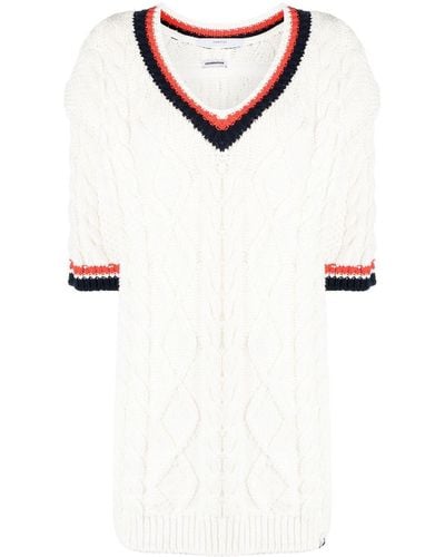 Pushbutton Three-quarter Sleeve Cable-knit Top - White