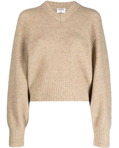 Filippa K Chevron-knit V-neck Wool Sweater - Natural