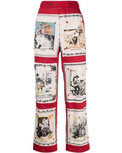 Bode Graphic-print Cotton High-waisted Pants - Red