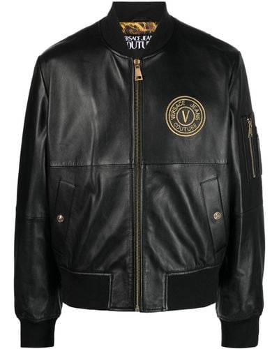 Versace V-emblem Leather Bomber Jacket - Black