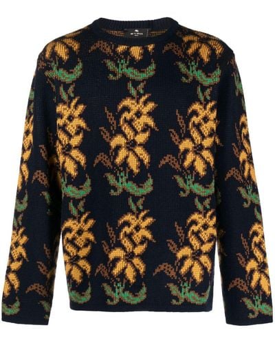 Etro Wool Sweater With Floral Inlay - Blue