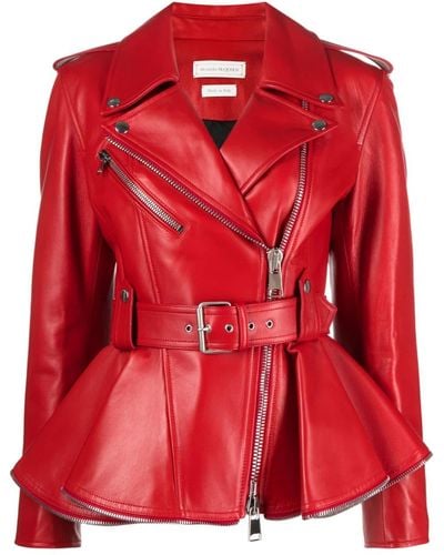 Alexander McQueen Belted Zip-detailed Leather Peplum Biker Jacket - Red