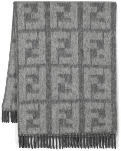 Fendi Logo-intarsia Fringed Blanket - Gray