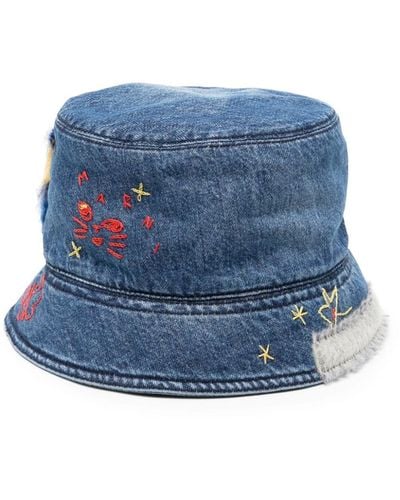 Marni Embroidered Denim Bucket Hat - Blue
