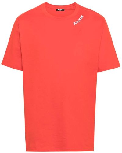 Balmain T-Shirt mit Logo-Stickerei - Rot