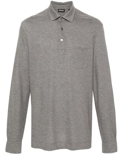 Zegna Long-Sleeve Cotton Polo Shirt - Grey