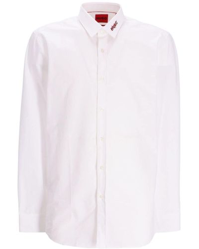 HUGO Logo Collar Long Sleeve Shirt - White