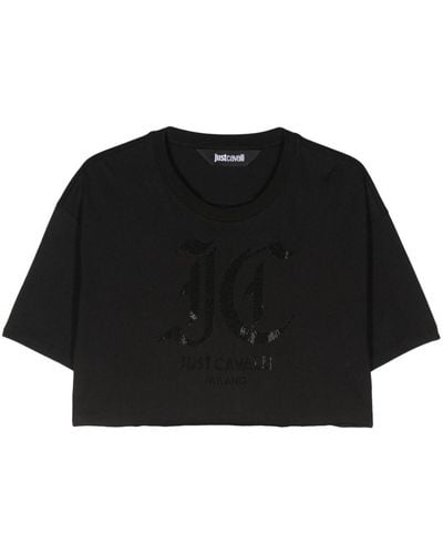 Just Cavalli Rhinestone-logo cotton T-shirt - Schwarz