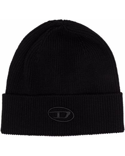 DIESEL Ribbed Beanie With D Embroidery - Black