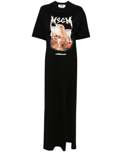 MSGM Laser Eyed Cat-print Maxi Dress - Black
