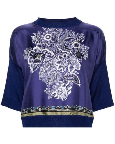 Etro Floral-print Knitted-panels T-shirt - Blue