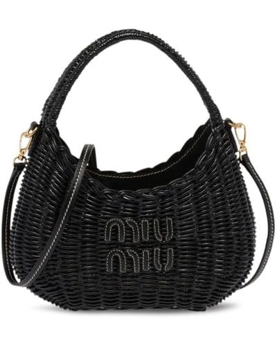 Miu Miu Mini Wander Wicker Shoulder Bag - Black