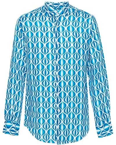 Peninsula Geometric-print Linen Shirt - Blue