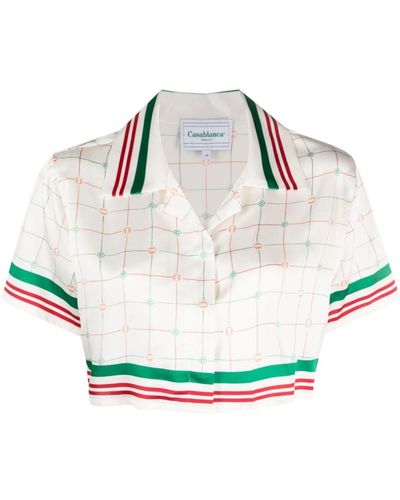 Casablancabrand Tennis Check Cropped Silk Shirt - White