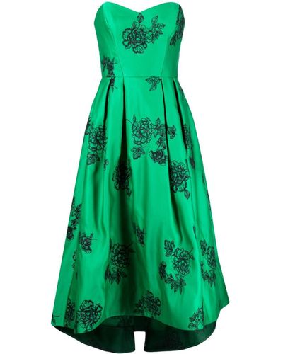 Marchesa フローラル ストラップレス ドレス - グリーン