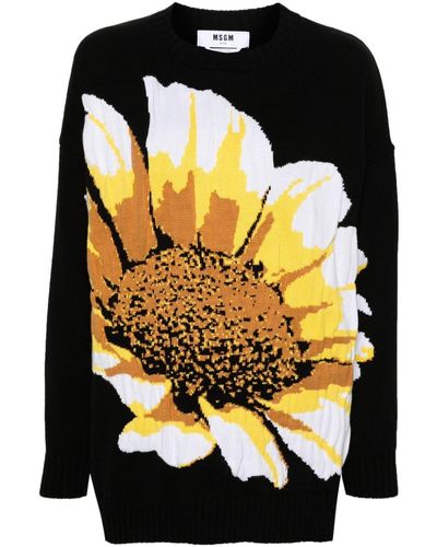MSGM Floral-intarsia-knit Jumper - Black