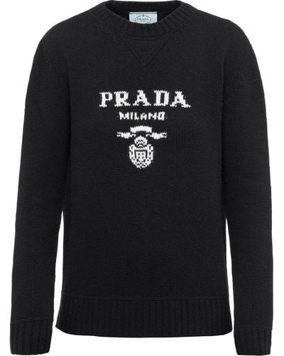 Prada Cashmere And Wool Pullover With Logo - Black