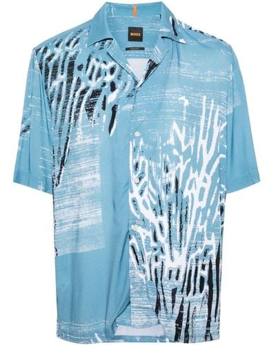 BOSS Abstract-pattern Short-sleeve Shirt - Blue