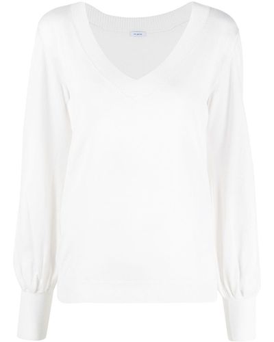 Malo Bishop-sleeve V-neck Knitted Top - White