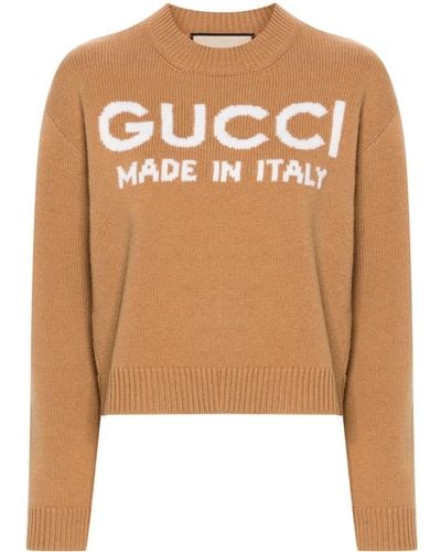 Gucci Pull en laine à maille intarsia logo - Marron