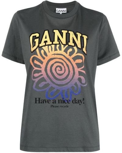 Ganni Relaxed Flower T-Shirt aus Bio-Baumwolle - Grau