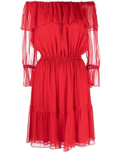 Gucci Mini-robe Épaules Nues En Mousseline De Soie À Fronces - Rouge