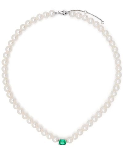 Yvonne Léon Gargantilla Collier Perles en oro blanco de 18 ct con perlas y esmeraldas