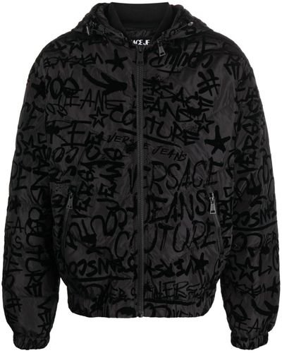 Versace Jeans Couture Graffiti-print Flocked Hooded Jacket - Black